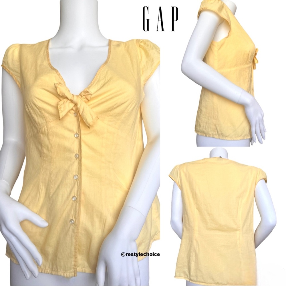 🐥GAP vintage Pastel Yellow bow decoration button Cap sleeve Top